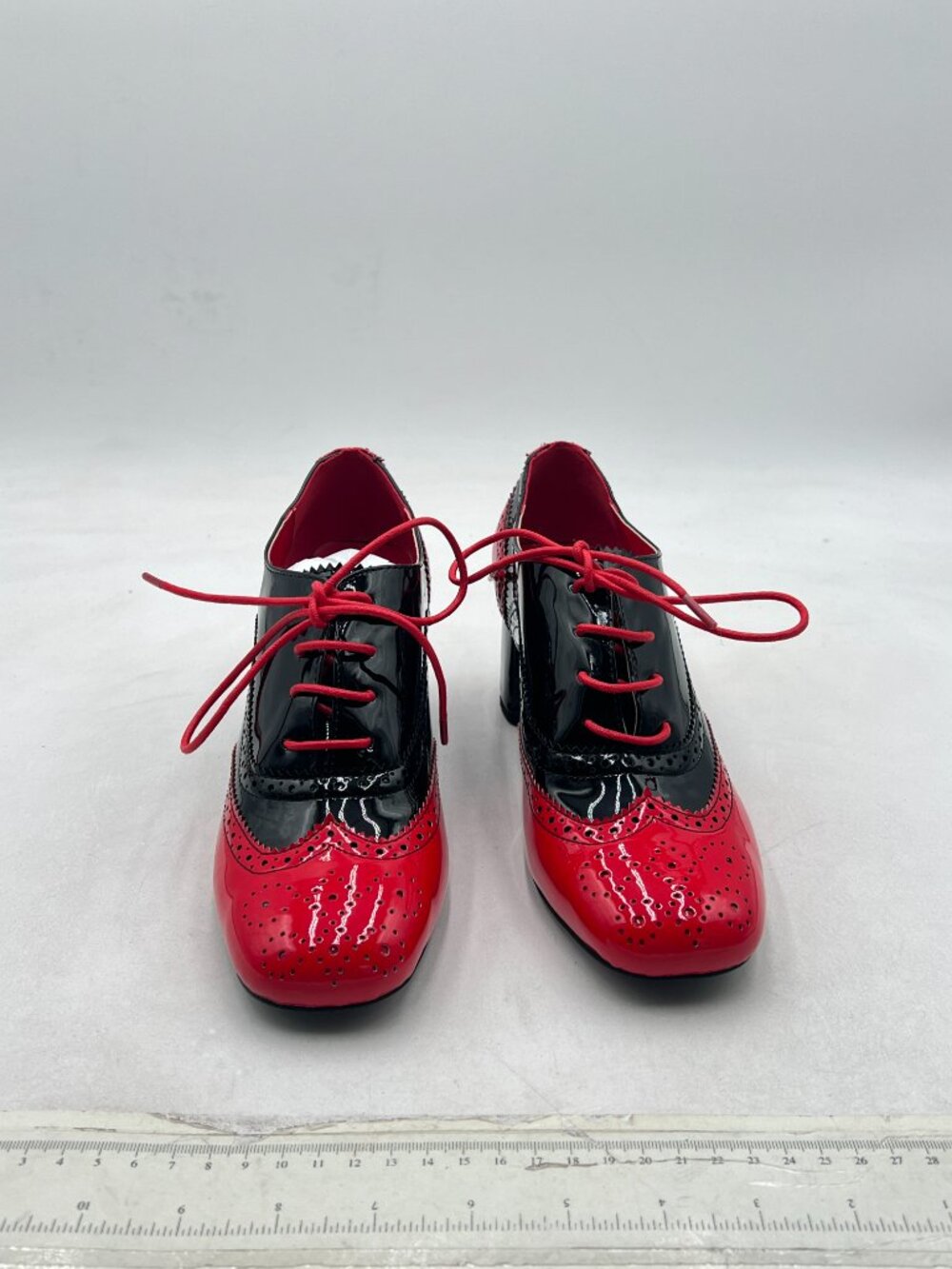 Black/Red Women's Oxford Shoes Round Toe Lace-up Wingtip Chunky Heel Pumps - Picture 2 of 7